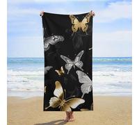 ERSTSNCK Gold White Butterflies Black Beach Towel Oversized 31" X 63" Absorbent Towels Quick Dry Pool Towel Lightweight Bath Towels Sandproof Beach Blanket for Gym Swimming Sports Travel Gifts