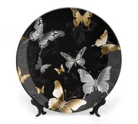 ERSTSNCK Gold White Butterflies Black Ceramic Decorative Plate 7inch Bone China Wall Hanging Ornament Plates Bohemian Style Dinner Plate with Stand Cabinet Display Plates for Home Art Decor