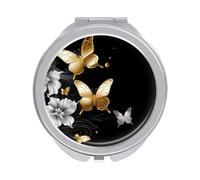 ERSTSNCK Gold White Butterflies Black Compact Mirror for Purse, Double-Sided 1x/2x Magnifying Metal Pocket Makeup Mirrors, Folding Mini Vanity Mirror, Handheld Round Travel Cosmetic Mirrors for Women