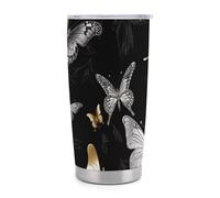ERSTSNCK Gold White Butterflies Black Tumbler with Lid And Straw, 20 OZ Stainless Steel Water Bottle Travel Coffee Mug Double Wall Insulated Cup Gifts for Women Men