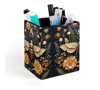 ERSTSNCK Golden Bee Pen Holder, Pencil Holder Desktop Stationery Organizer Square Leather Pencil Cup Makeup Brush Storage Box for Office Home And Stationary Supplies