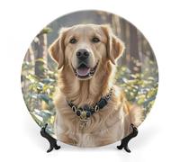 ERSTSNCK Golden Retriever Ceramic Plate 8inch Decorative Bone China Wall Hanging Ornament Plates Bohemian Style Dinner Plate with Display Stand Cabinet Display Plates for Home Art Decor