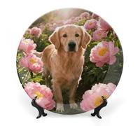 ERSTSNCK Golden Retriever & Daisy Ceramic Decorative Plate 6inch Bone China Wall Hanging Ornament Plates Bohemian Style Dinner Plate with Stand Cabinet Display Plates for Home Art Decor