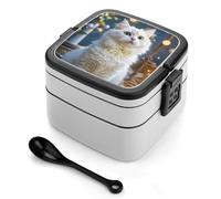 ERSTSNCK Gorgeous White Cat Bento Box 1000ml Leak Proof Lunch Container with Removable Dividers & Spoon - BPA-Free PP Stackable Lunch Box for Work, Office, Picnic, Travel, Dining Out