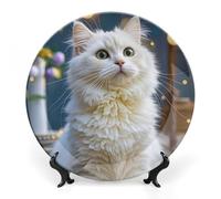ERSTSNCK Gorgeous White Cat Ceramic Decorative Plate 10inch Bone China Wall Hanging Ornament Plates Bohemian Style Dinner Plate with Stand Cabinet Display Plates for Home Art Decor