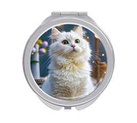 ERSTSNCK Gorgeous White Cat Compact Mirror for Purse, Double-Sided 1x/2x Magnifying Metal Pocket Makeup Mirrors, Folding Mini Vanity Mirror, Handheld Round Travel Cosmetic Mirrors for Women