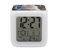 ERSTSNCK Gorgeous White Cat Night Light Alarm Clock LED Display Alarms for Bedroom Smart Digital Alarm Clock Wtih 7 Colorful Ambient Lights Sleep Timer for Heavy Sleepers Simple Operation