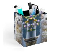 ERSTSNCK Gorgeous White Cat Pen Holder, Pencil Holder Desktop Stationery Organizer Square Leather Pencil Cup Makeup Brush Storage Box for Office Home And Stationary Supplies