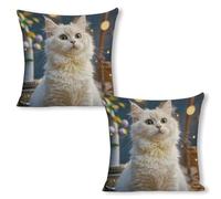 ERSTSNCK Gorgeous White Cat Pillow Covers 18"x18"（2pcs） Linen Throw Pillow Covers - Double Sided Decorative Square Cushion Cases for Sofa, Bed, Chair (No Insert Included)