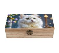 ERSTSNCK Gorgeous White Cat Wooden Storage Box Elegant Retro Jewelry Box with Hinged Lid Decorative Keepsake Boxes Decor Handmade Organizer Boxes for Wedding, Party, Gift, Diy Craft, Home Decor