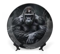 ERSTSNCK Gorilla on The Ground Ceramic Decorative Plate 8inch Bone China Wall Hanging Ornament Plates Bohemian Style Dinner Plate with Stand Cabinet Display Plates for Home Art Decor
