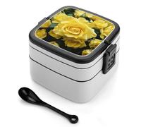 ERSTSNCK Graceful Yellow Rose Flower Bento Box 1000ml Leak Proof Lunch Container with Removable Dividers & Spoon - BPA-Free PP Stackable Lunch Box for Work, Office, Picnic, Travel, Dining Out