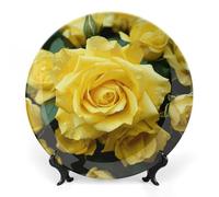 ERSTSNCK Graceful Yellow Rose Flower Ceramic Plate 6inch Decorative Bone China Wall Hanging Ornament Plates Bohemian Style Dinner Plate with Display Stand Cabinet Display Plates for Home Art Decor