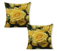 ERSTSNCK Graceful Yellow Rose Flower Pillow Covers 18"x18"（2pcs） Linen Throw Pillow Covers - Double Sided Decorative Square Cushion Cases for Sofa, Bed, Chair (No Insert Included)