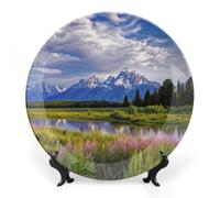 ERSTSNCK Grand Teton National Park Ceramic Decorative Plate 8inch Bone China Wall Hanging Ornament Plates Bohemian Style Dinner Plate with Stand Cabinet Display Plates for Home Art Decor