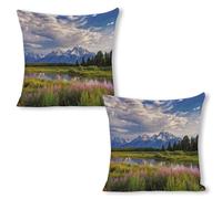 ERSTSNCK Grand Teton National Park Pillow Covers 18"x18"（2pcs） Linen Throw Pillow Covers - Double Sided Decorative Square Cushion Cases for Sofa, Bed, Chair (No Insert Included)