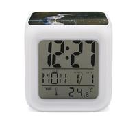 ERSTSNCK Gray Heron Print in Water Night Light Alarm Clock LED Display Alarms for Bedroom Smart Digital Alarm Clock Wtih 7 Colorful Ambient Lights Sleep Timer for Heavy Sleepers Simple Operation