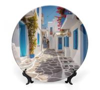 ERSTSNCK Greece Street Ceramic Decorative Plate 8inch Bone China Wall Hanging Ornament Plates Bohemian Style Dinner Plate with Stand Cabinet Display Plates for Home Art Decor