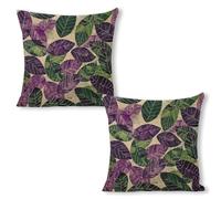 ERSTSNCK Green and Purple Leaves Pillow Covers 18"x18"（2pcs） Linen Throw Pillow Covers - Double Sided Decorative Square Cushion Cases for Sofa, Bed, Chair (No Insert Included)
