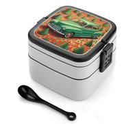 ERSTSNCK Green Car Bento Box 1000ml Leak Proof Lunch Container with Removable Dividers & Spoon - BPA-Free PP Stackable Lunch Box for Work, Office, Picnic, Travel, Dining Out