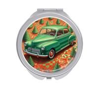 ERSTSNCK Green Car Compact Mirror for Purse, Double-Sided 1x/2x Magnifying Metal Pocket Makeup Mirrors, Folding Mini Vanity Mirror, Handheld Round Travel Cosmetic Mirrors for Women