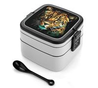 ERSTSNCK Green Eyed Leopard Painting Bento Box 1000ml Leak Proof Lunch Container with Removable Dividers & Spoon - BPA-Free PP Stackable Lunch Box for Work, Office, Picnic, Travel, Dining Out