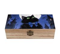 ERSTSNCK Halloween Black Cat Wooden Storage Box Elegant Retro Jewelry Box with Hinged Lid Decorative Keepsake Boxes Decor Handmade Organizer Boxes for Wedding, Party, Gift, Diy Craft, Home Decor