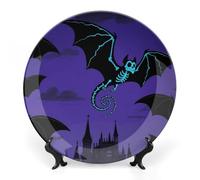 ERSTSNCK Halloween Flying Bat Ceramic Decorative Plate 6inch Bone China Wall Hanging Ornament Plates Bohemian Style Dinner Plate with Stand Cabinet Display Plates for Home Art Decor
