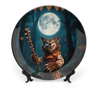 ERSTSNCK Halloween Horror Wolf Ceramic Decorative Plate 7inch Bone China Wall Hanging Ornament Plates Bohemian Style Dinner Plate with Stand Cabinet Display Plates for Home Art Decor