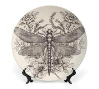 ERSTSNCK Hand Drawn Floral Dragonfly Ceramic Decorative Plate 10inch Bone China Wall Hanging Ornament Plates Bohemian Style Dinner Plate with Stand Cabinet Display Plates for Home Art Decor