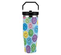 ERSTSNCK Happy Face Print 30oz Tumbler Large Capacity Car Cup with Handle And Straw Lid Stainless Steel Travel Mug Double Wall Vacuum Insulated Cup Leak-Proof for Outdoor Home Use