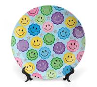 ERSTSNCK Happy Face Print Ceramic Decorative Plate 7inch Bone China Wall Hanging Ornament Plates Bohemian Style Dinner Plate with Stand Cabinet Display Plates for Home Art Decor