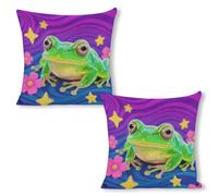 ERSTSNCK Hippie Frog Pillow Covers 18"x18"（2pcs） Linen Throw Pillow Covers - Double Sided Decorative Square Cushion Cases for Sofa, Bed, Chair (No Insert Included)