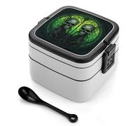 ERSTSNCK Horrifying Green Skull Bento Box 1000ml Leak Proof Lunch Container with Removable Dividers & Spoon - BPA-Free PP Stackable Lunch Box for Work, Office, Picnic, Travel, Dining Out