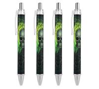 ERSTSNCK Horrifying Green Skull Black Ballpoint Pens Fine Point (0.5mm) Black Ink Pen Retractable Ball Point Pens with Comfortable Full Grip for Journaling, And Office Writing Ideal 4 PCS