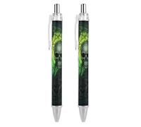 ERSTSNCK Horrifying Green Skull Black Ballpoint Pens Fine Point (0.5mm) Black Ink Pen Retractable Ball Point Pens with Comfortable Full Grip for Journaling, And Office Writing Ideal 2 PCS