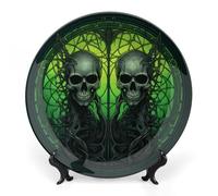 ERSTSNCK Horrifying Green Skull Ceramic Decorative Plate 6inch Bone China Wall Hanging Ornament Plates Bohemian Style Dinner Plate with Stand Cabinet Display Plates for Home Art Decor
