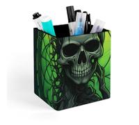 ERSTSNCK Horrifying Green Skull Pen Holder, Pencil Holder Desktop Stationery Organizer Square Leather Pencil Cup Makeup Brush Storage Box for Office Home And Stationary Supplies