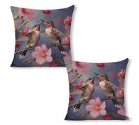ERSTSNCK Humming Birds with Pink Pillow Covers 18"x18"（2pcs） Linen Throw Pillow Covers - Double Sided Decorative Square Cushion Cases for Sofa, Bed, Chair (No Insert Included)