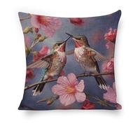 ERSTSNCK Humming Birds with Pink Pillow Covers 18"x18" Linen Throw Pillow Covers - Double Sided Decorative Square Cushion Cases for Sofa, Bed, Chair (No Insert Included)