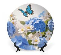 ERSTSNCK Hydrangeas Daisies Butterflies Ceramic Plate 7inch Decorative Bone China Wall Hanging Ornament Plates Bohemian Style Dinner Plate with Display Stand Cabinet Display Plates for Home Art Decor