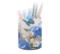 ERSTSNCK Hydrangeas Daisies Butterflies Pen Holder, Pencil Holder Desktop Stationery Organizer Round Leather Pencil Cup Makeup Brush Storage Box for Office Home And Stationary Supplies