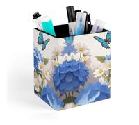 ERSTSNCK Hydrangeas Daisies Butterflies Pen Holder, Pencil Holder Desktop Stationery Organizer Square Leather Pencil Cup Makeup Brush Storage Box for Office Home And Stationary Supplies