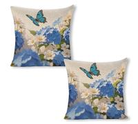ERSTSNCK Hydrangeas Daisies Butterflies Pillow Covers 18"x18"（2pcs） Linen Throw Pillow Covers - Double Sided Decorative Square Cushion Cases for Sofa, Bed, Chair (No Insert Included)