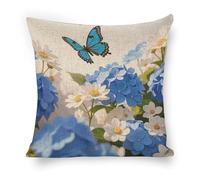 ERSTSNCK Hydrangeas Daisies Butterflies Pillow Covers 18"x18" Linen Throw Pillow Covers - Double Sided Decorative Square Cushion Cases for Sofa, Bed, Chair (No Insert Included)