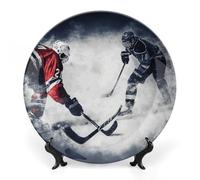 ERSTSNCK Ice Hockey Art Ceramic Decorative Plate 8inch Bone China Wall Hanging Ornament Plates Bohemian Style Dinner Plate with Stand Cabinet Display Plates for Home Art Decor