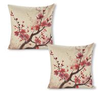 ERSTSNCK Japanese Spring Plum Floral Pillow Covers 18"x18"（2pcs） Linen Throw Pillow Covers - Double Sided Decorative Square Cushion Cases for Sofa, Bed, Chair (No Insert Included)