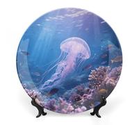 ERSTSNCK Jellyfish Swimming Ceramic Plate 8inch Decorative Bone China Wall Hanging Ornament Plates Bohemian Style Dinner Plate with Display Stand Cabinet Display Plates for Home Art Decor
