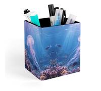 ERSTSNCK Jellyfish Swimming Pen Holder, Pencil Holder Desktop Stationery Organizer Square Leather Pencil Cup Makeup Brush Storage Box for Office Home And Stationary Supplies
