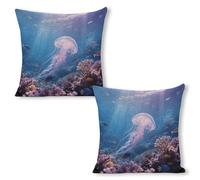 ERSTSNCK Jellyfish Swimming Pillow Covers 18"x18"（2pcs） Linen Throw Pillow Covers - Double Sided Decorative Square Cushion Cases for Sofa, Bed, Chair (No Insert Included)